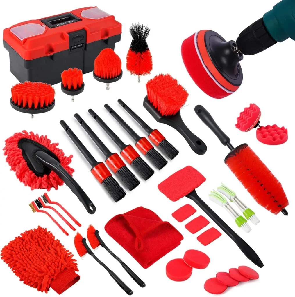 35Pcs Car Detailing Kit, Drill Brush Attachments with Detailing Brush Set and Tools Box, Red Auto Cleaning Kit Interior for Wheels, Dashboard, Windows (B:35PCS-R)