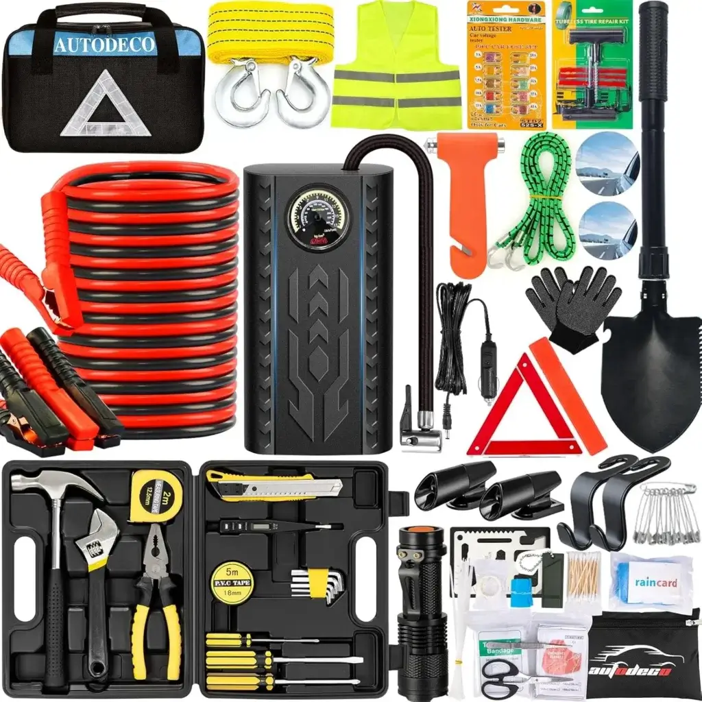 AUTODECO 105 PCS Roadside Car Emergency Assistance Kit with Portable Air Compressor Jumper Cables