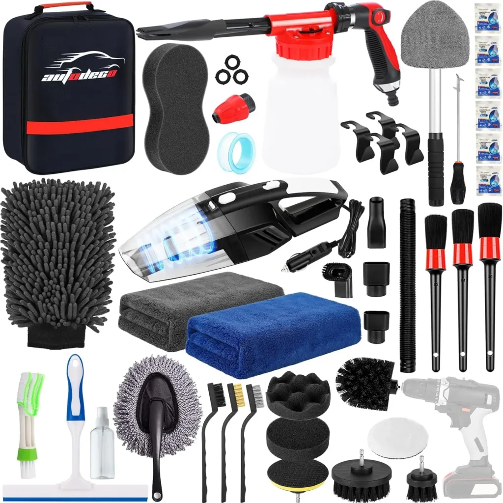 AUTODECO 40Pcs Car Wash Detailing Kit Cleaning Kits with Foam Gun Sprayer Vacuum with Long Cord Drill Brush Large Wash Mitt Towels Complete Interior Exterior Car Washing Supply Set Black