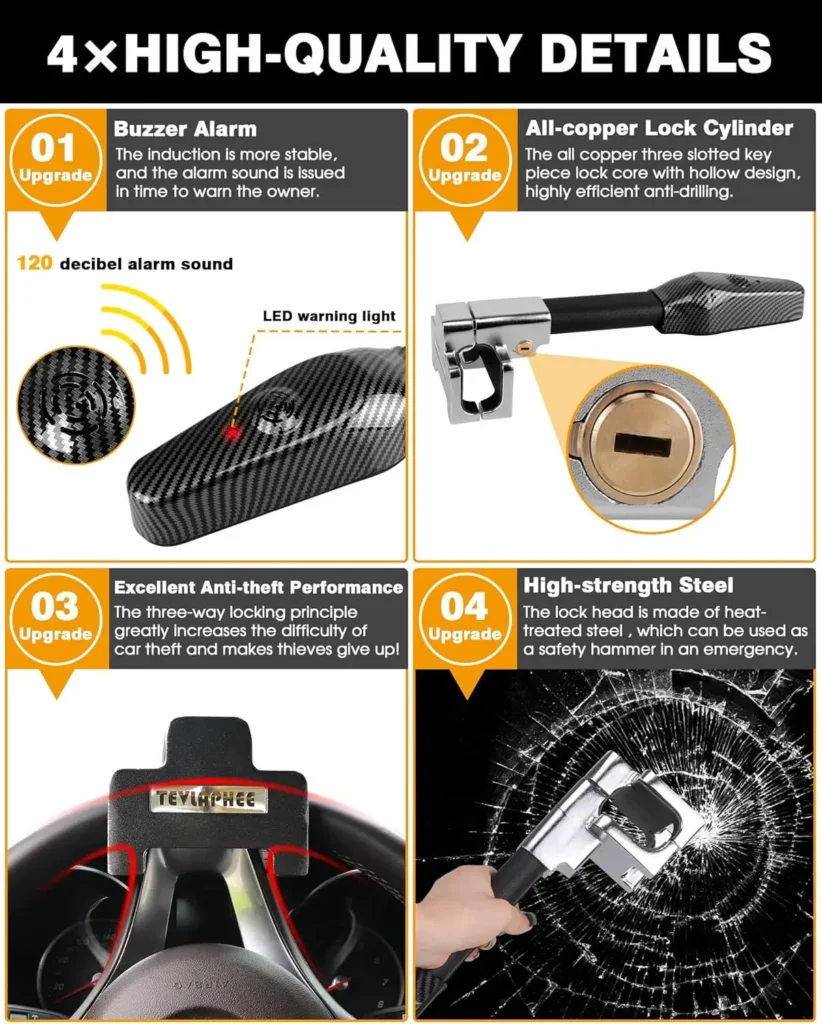 Tevlaphee Steering Wheel Lock with Alarm Heavy Investment for Daily Drivers