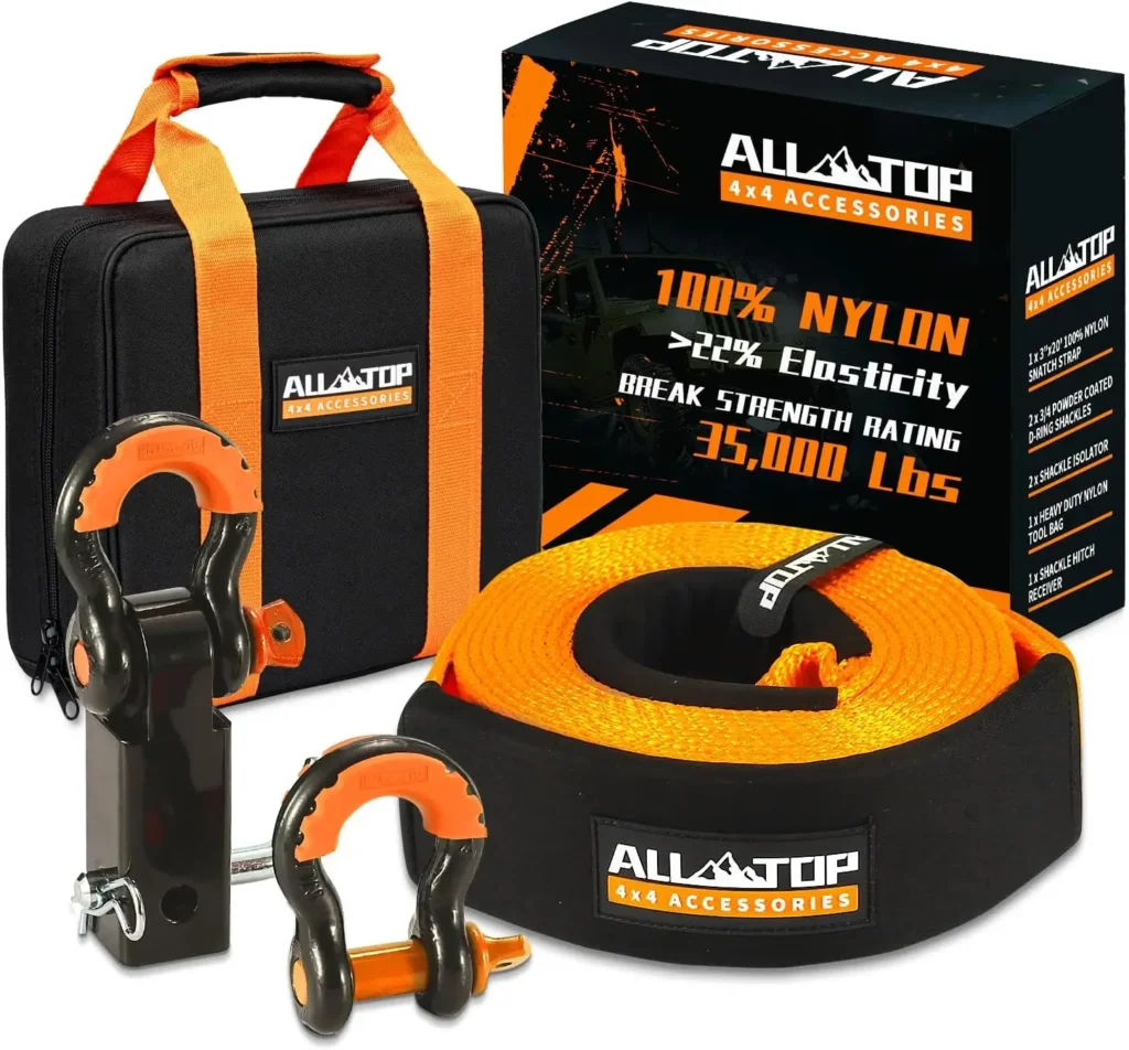 ALL-TOP Nylon Recovery Kit with Hitch Receiver: 3" x 20' (35,000lbs) 100% Nylon Snatch Strap + 2" Shackle Hitch Receiver + 3/4 HD Shackles (2pcs) with Isolator + Storage Bag
